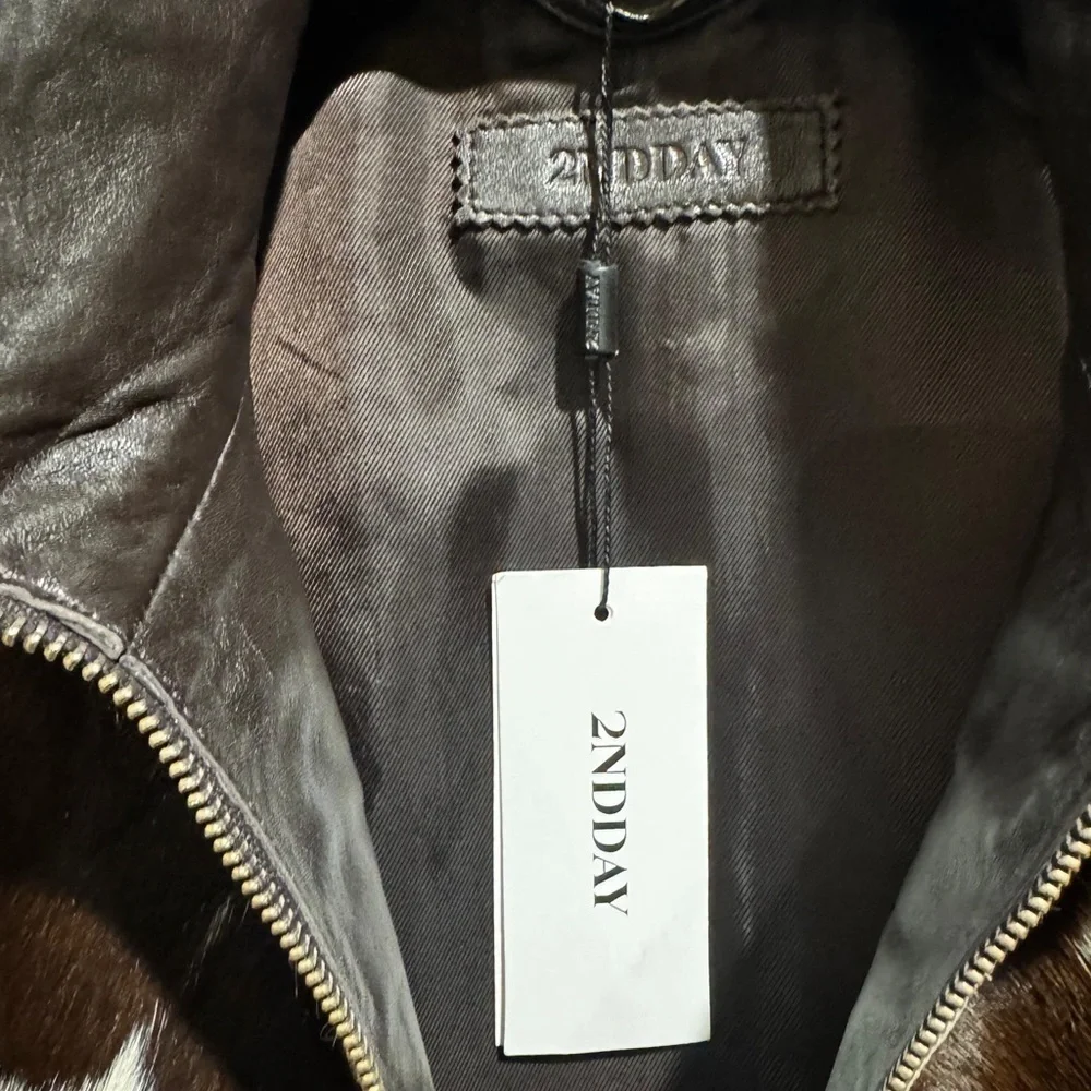 NWT Women's cow print calf hair western Brown and White genuine leather Jacket - Picture 6 of 15